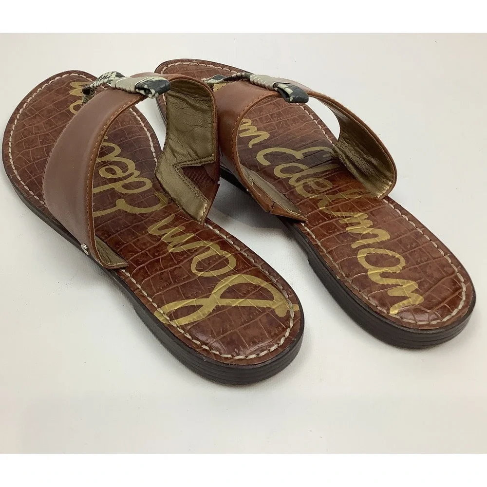 Sam Edelman Kaye Brown Leather Snakeskin Thong Sandals Womens 9.5M Flat Slides